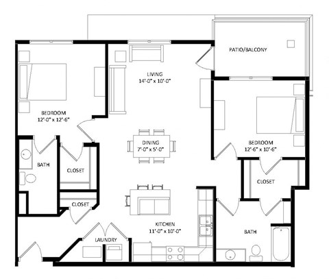 2 Bedroom C SIM Floor Plan at Two Points Crossing, Madison